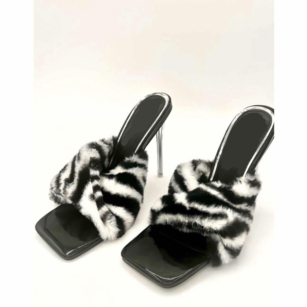 Stylish Black and White Fur Heeled Sandals